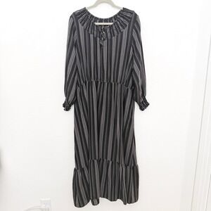 Terra & Sky Womens Dress Size 2X Black Gray Stripe Long Sleeve Maxi Boho Cottage